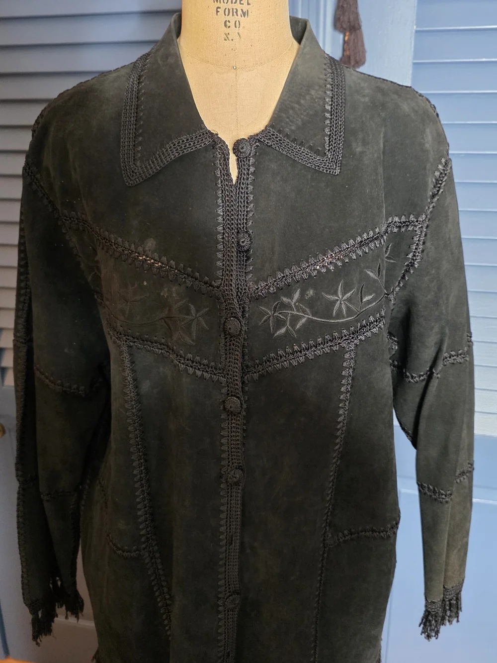 VTG Dressbarn Black Suede Leather Patchwork Western Fringe Jacket Boho 16W